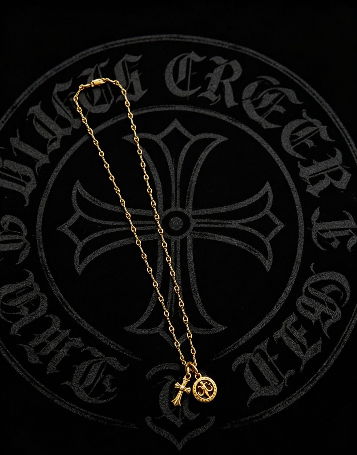 Chrome Hearts Gold Rosary Necklace with Cross and Round Medallion